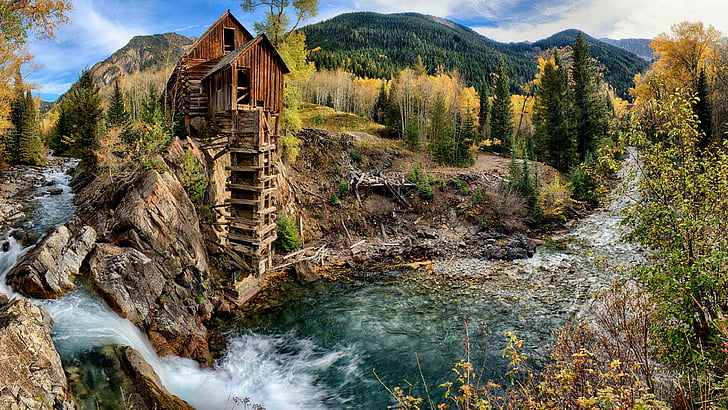 carbondale, water, waterfall, sheep mountain mill, powerhouse, old mill, landscape, crystal river, river, nature, colorado, rock, mountain, tree, stream, mill, wilderness, crystal mill, HD wallpaper