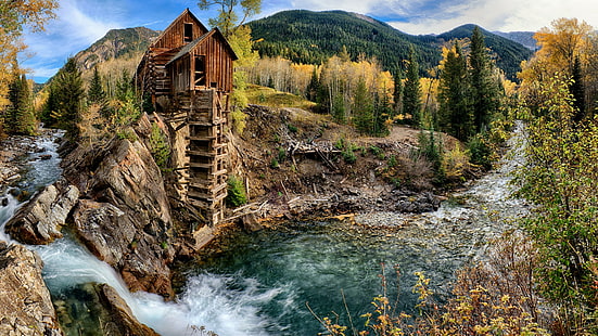 carbondale, water, waterfall, sheep mountain mill, powerhouse, old mill, landscape, crystal river, river, nature, colorado, rock, mountain, tree, stream, mill, wilderness, crystal mill, HD wallpaper HD wallpaper