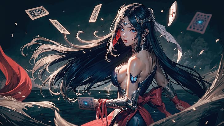 League of Legends, Irelia (League of Legends), anime girls, solo, AI art, dark hair, black hair, blue eyes, water, sea, tarot, cards, playing cards, mature women, red ribbon, smiling, cloth, Illumie, dark, dark background, night, smudged makeup, makeup, moles, sideboob, butterfly, bare shoulders, armor, armored, HD wallpaper