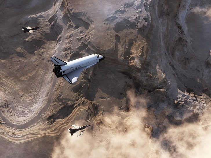 흰색과 검은 색 비행기, 우주 왕복선, General Dynamics F-16 파이팅 팔콘, 군용 항공기, 조감도, HD 배경 화면