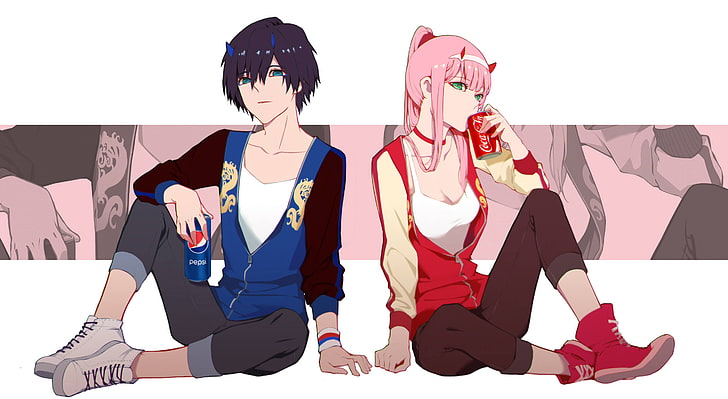 anime pepsi and coca-cola illustration, Darling in the FranXX, Zero Two (Darling in the FranXX), Code:016 (Hiro) , pink hair, HD wallpaper