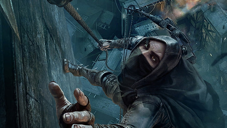 assassin illustration, the city, weapons, wall, hand, home, roof, bow, rope, hood, fingers, GameWallpapers, nails, the cable, Eidos Interactive, 2014, Garrett, Eidos Montreal, THIEF, HD wallpaper