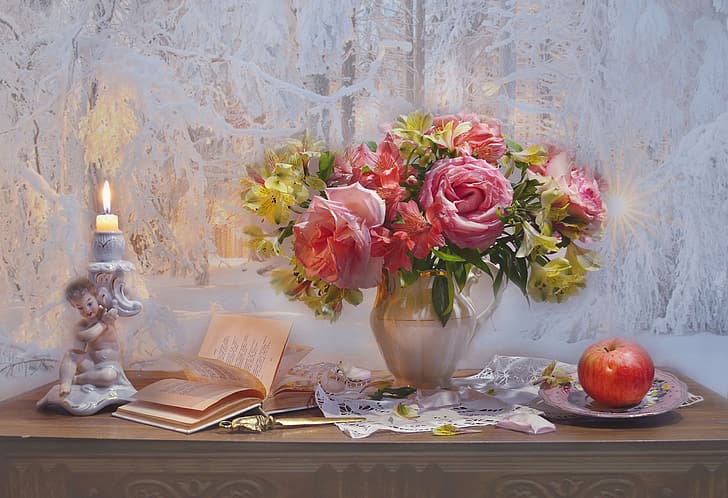 цветя, стил, ябълка, рози, букет, книга, натюрморт, поставка за свещи, Алстромерия, Валентина Фехтовка, HD тапет