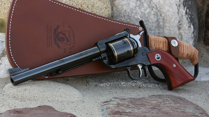 black revolver with brown leather holster, Ruger Super Blackhawk .44 Magnum, revolver, review, HD wallpaper