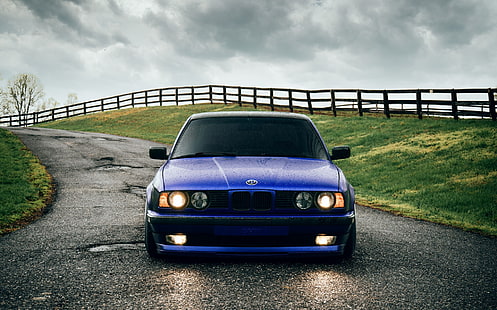 BMW, Classic, Blue, Front, E34, 540i, Hella, Sight, HD wallpaper HD wallpaper