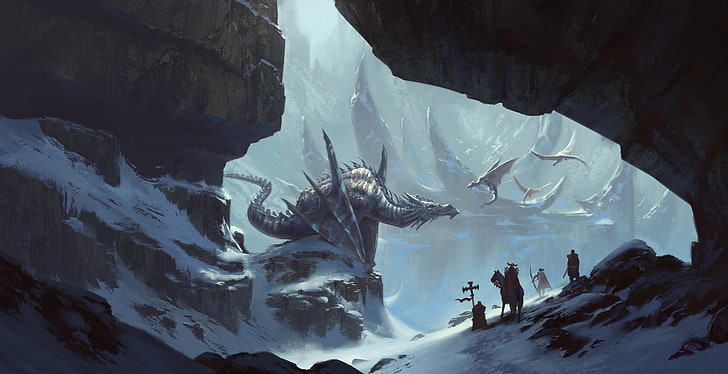 dragon gris près de l'illustration de la grotte, œuvres d'art, art fantastique, art numérique, dragon, créature, montagnes, neige, Fond d'écran HD