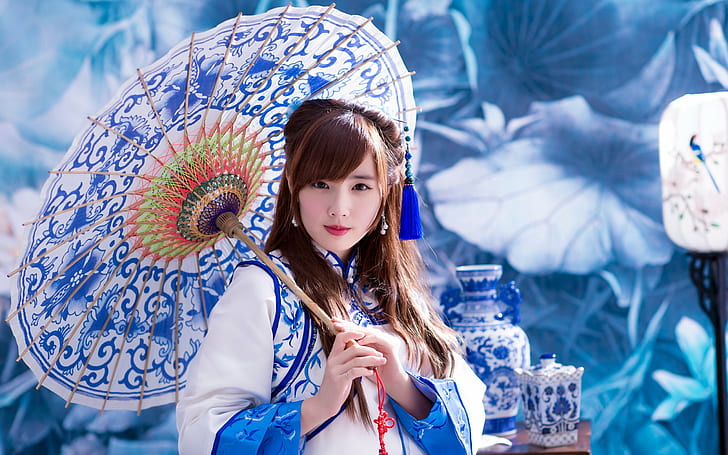 asian, blue, geisha, girl, kimono, oriental, umbrella, HD wallpaper