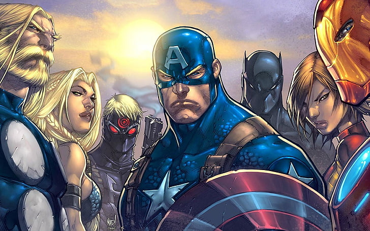 Marvel illustration, superhero, Iron Man, Captain America, Black Panther, Hawkeye, Thor, Janet van Dyne, Marvel Comics, comics, The Avengers, HD wallpaper