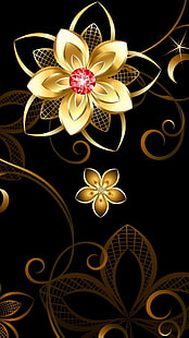 Fiore dorato 3D, illustrazione del mazzo dell'oro, 3D, 3D astratto, tigri bianche, estratto, fiori, Sfondo HD HD wallpaper