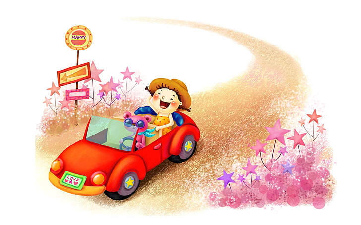 girl riding car digital wallpaper, drawing, girl, animal, fantasy, childhood, laughter, road, car, star, sign, hat, HD wallpaper