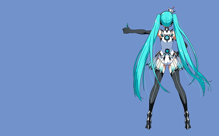 blue haired woman anime character illustration, Hatsune Miku, simple background, blue background, thigh-highs, leotard, twintails, crown, elbow gloves, high heels, Goodsmile Racing, Race Queen Outfit, vector art, HD wallpaper