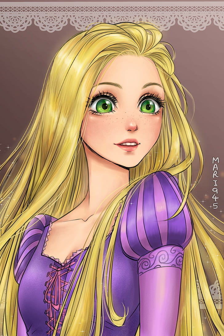 Mujer, ojos verdes, rosa, vestido, Rapunzel, rubio, morado, cabello largo,  Fondo de pantalla HD | Wallpaperbetter