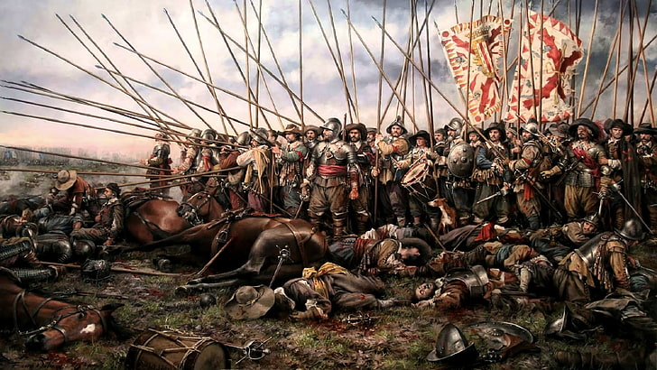 pintura de guerreros con lanzas, batalla, Fondo de pantalla HD