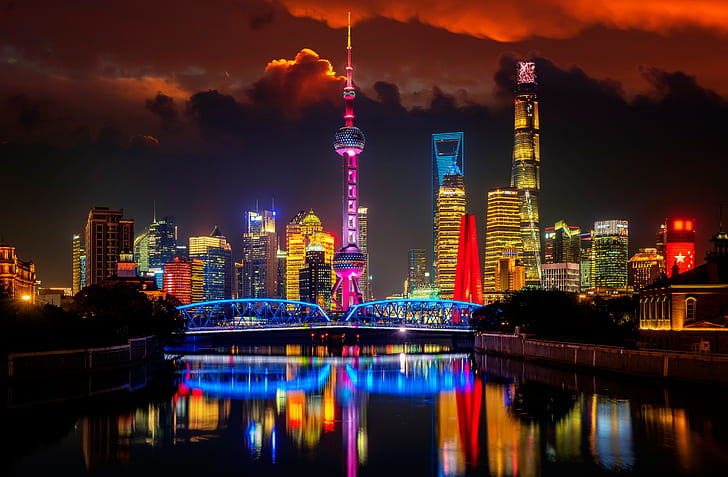 Städer, Shanghai, bro, byggnad, Kina, stad, natt, flod, skyskrapa, HD tapet
