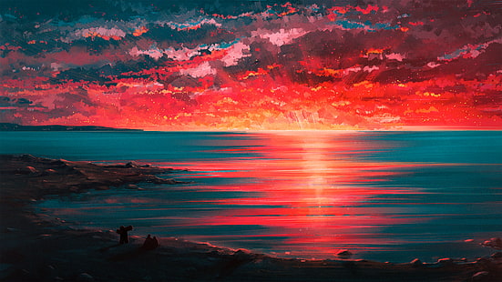 4K, peinture rapide, plage, art numérique, coucher de soleil, horizon, couple, bord de mer, Fond d'écran HD HD wallpaper