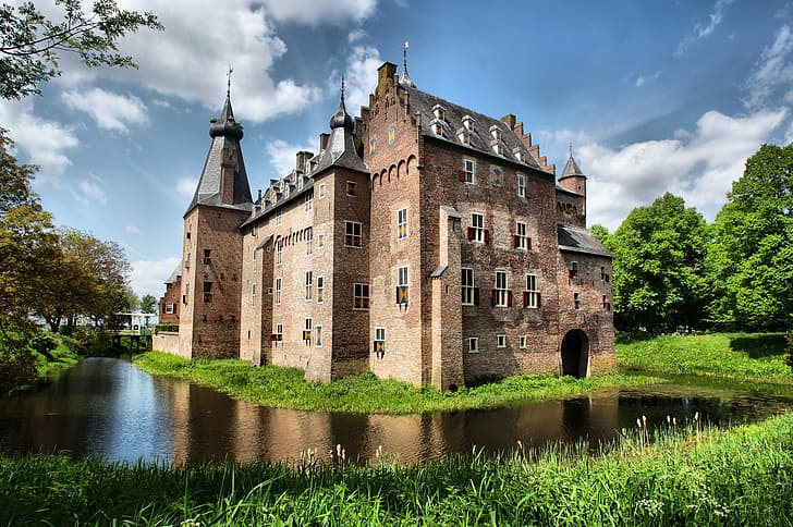 nuvole, alberi, stagno, castello, Paesi Bassi, Gelderland, Castle Doorwerth, Sfondo HD