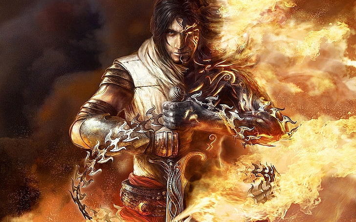 manusia memegang pedang di samping ilustrasi api, pangeran persia, permainan, pahlawan, pedang, api, Wallpaper HD