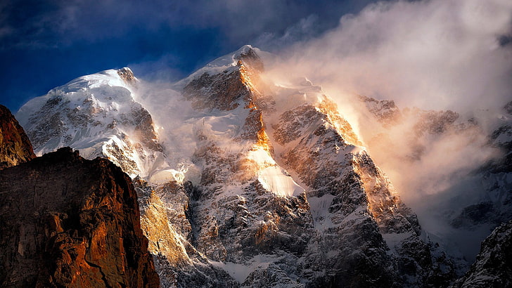 landscape, nature, snowy peak, storm, mountains, HD wallpaper