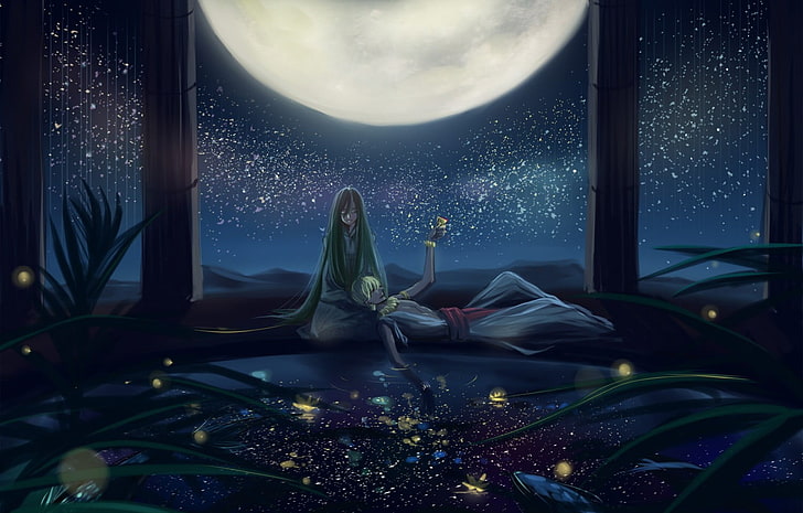 Wanita berbaring di bawah lukisan cahaya bulan, Seri Nasib, bintang, Gilgames, Bulan, Wallpaper HD