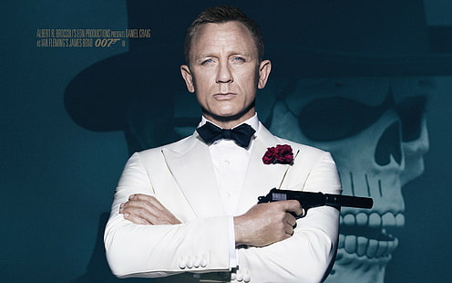 SPECTRE, 007, James Bond, 007 agent actor, background, skull, hat, 007, James Bond, 007: SPECTRUM, SPECTRE, agent Daniel Craig, Daniel Craig, in a white suit, a gun, a silencer, HD wallpaper HD wallpaper