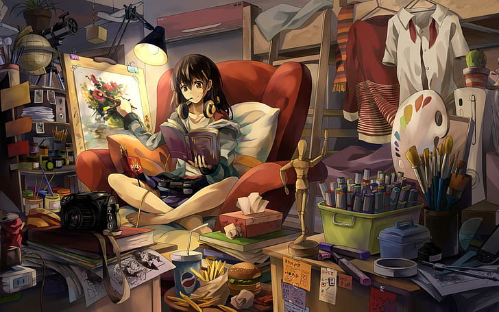 Девушка, читающая во время рисования, анимационная женщина, живопись, аниме, 1920x1200, комната, женщина, живопись, чтение, HD обои
