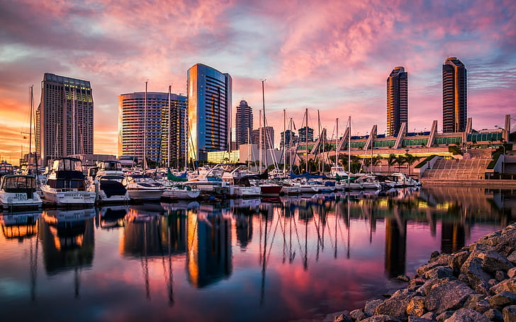 photograph of white boats on dock near the city during golden hour, Best, Sunset, photograph, white, boats, dock, city, golden hour, Downtown San Diego, San Diego  Harbor, Marina, Boat, Sailboat, Dusk, Color, Colors, Colorful, Clouds, Highrise, skyscraper, hotel, convention center, water, ocean, san diego bay, 32-bit, hdr, canon 5d mark iii, mark 3, nautical Vessel, harbor, night, reflection, cityscape, sea, urban Skyline, yacht, architecture, urban Scene, HD wallpaper