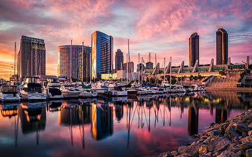 photograph of white boats on dock near the city during golden hour, Best, Sunset, photograph, white, boats, dock, city, golden hour, Downtown San Diego, San Diego  Harbor, Marina, Boat, Sailboat, Dusk, Color, Colors, Colorful, Clouds, Highrise, skyscraper, hotel, convention center, water, ocean, san diego bay, 32-bit, hdr, canon 5d mark iii, mark 3, nautical Vessel, harbor, night, reflection, cityscape, sea, urban Skyline, yacht, architecture, urban Scene, HD wallpaper HD wallpaper