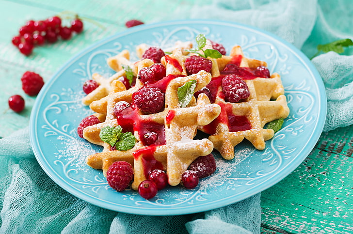 berries, raspberry, powdered sugar, Waffles, HD wallpaper