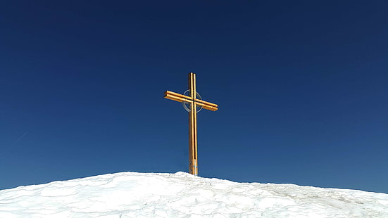 alpejski, błękitne niebo, krzyż, wędrówka, kleinwalsertal, kuhgehrenspitze, góra, alpinizm, góry, śnieg, szczyt, krzyż na szczycie, słoneczny, zima, Tapety HD HD wallpaper