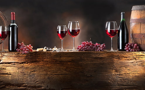 wine, grapes, table, bottles, cup, red, HD wallpaper HD wallpaper