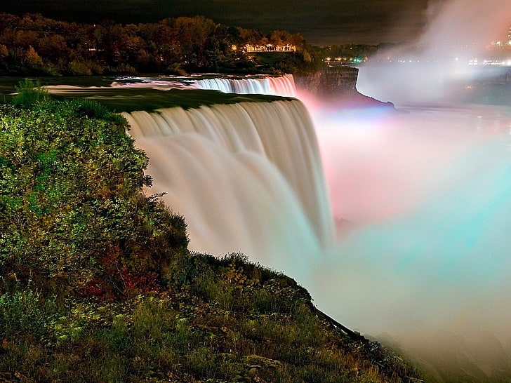waterfalls wallpaper, falls, night, rainbow, stream, HD wallpaper