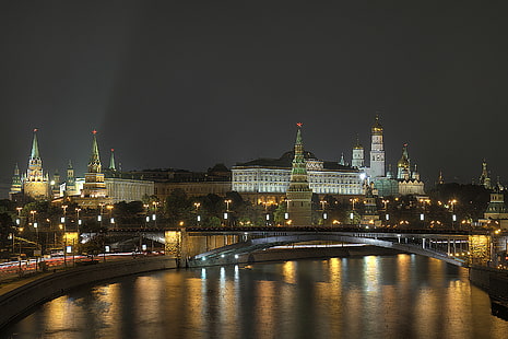 building and river during night time, moscow kremlin, moscow kremlin, Moscow Kremlin, at night, building, river, night time, HDR, Moscow  Kremlin, night, famous Place, architecture, cityscape, europe, urban Scene, dusk, history, city, illuminated, HD wallpaper HD wallpaper