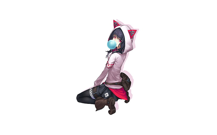 karakter anime wanita mengenakan hoodie bertelinga kucing merah muda, minimalis, kap, latar belakang putih, gelembung, pembunuh, telinga, pembunuh, permen karet, Wallpaper HD