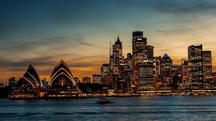 paysage urbain, Horizon, ville, Opéra de Sydney, Sydney, métropole, Gratte-ciel, point de repère, ciel, Australie, crépuscule, coucher de soleil, lumières de la ville, eau, centre ville, Fond d'écran HD