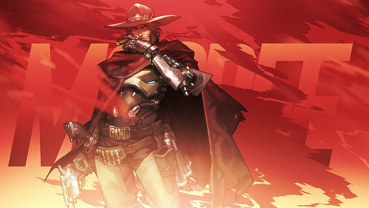 cowboy hats, hat, computer, Overwatch, pistol, cowboy boots, red, Blizzard Entertainment, McRee (Overwatch), PC gaming, McCree (Overwatch), cape, dark, HD wallpaper