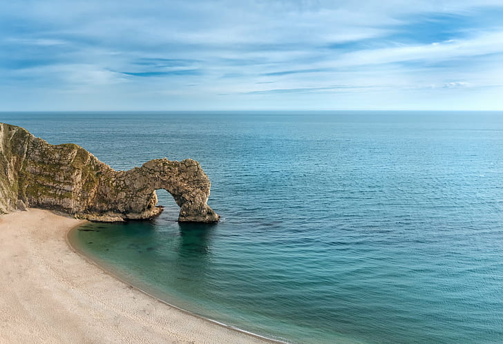 photo of a rock cliff and sea, Durdle Door, photo, sea, SEL1018, a6300, coast, cove, england, hiking, jurassic, West Lulworth, United Kingdom, geo, lon, exif, aperture, camera, sony, lat, model, ilce-6300, iso_speed, state, geo:location, country, city=west, focal_length, mm, lens, e 10, f4, oss, shame, coastline, beach, cliff, nature, rock - Object, scenics, landscape, HD wallpaper