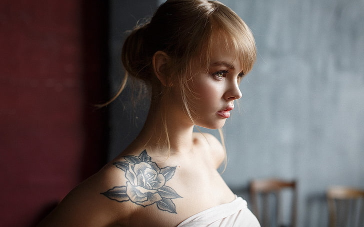 Anastasia Scheglova, blond, kvinnor, modell, porträtt, tatuering, tittar bort, profil, Alexey Kazantsev, HD tapet
