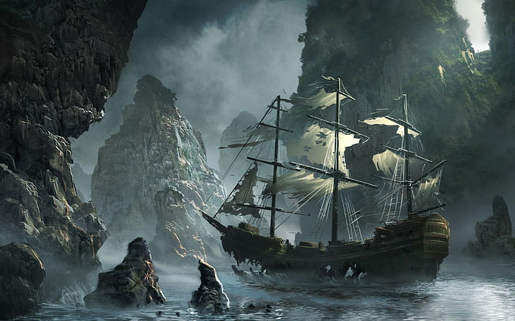 old ship, sailing ship, ship, ghost ship, fantasy art, artwork, HD wallpaper