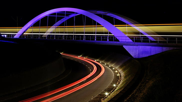 архитектура, мост, нощ, светли пътеки, път, дълго изложение, тъмно, трафик, светлини, HD тапет