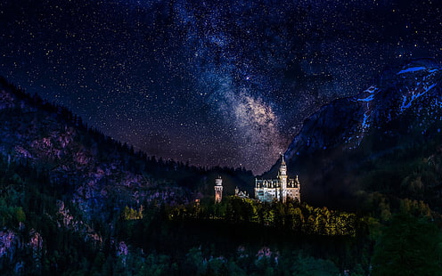 бял бетонен замък, архитектура, замък, природа, пейзаж, хълмове, дървета, гора, замък Нойшванщайн, Германия, нощ, Млечен път, звезди, планини, дълго изложение, снежен връх, светлини, HD тапет HD wallpaper