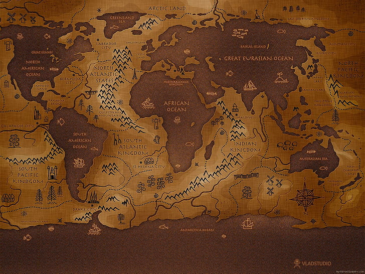 خريطة العالم القديم في بني داكن ، خريطة بني وأسود ، العالم ، خريطة ، بني داكن ، قديم ، عتيق، خلفية HD