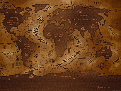 Mapa del viejo mundo en sepia, mapa marrón y negro, mundo, mapa, sepia, viejo, vintage, Fondo de pantalla HD HD wallpaper