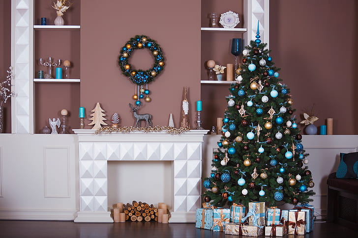 décoration, jouets, arbre, nouvel an, Noël, cadeaux, blanc, conception, bleu, joyeux Noël, Noël, intérieur, maison, arbre de Noël, célébration de vacances, Fond d'écran HD