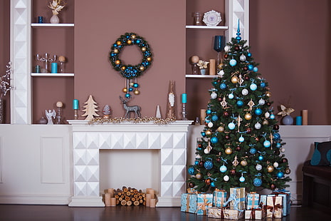 decoração, brinquedos, árvore, ano novo, natal, presentes, branco, projeto, azul, feliz natal, natal, interior, casa, árvore de natal, celebração do feriado, HD papel de parede HD wallpaper