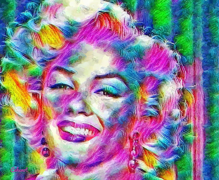 Marilyn Monroe, warna-warni, seni, kuning, cehenot, abstrak, wanita, gadis, hijau, aktris, lukisan, wajah, potret, pictura, pink, biru, Wallpaper HD