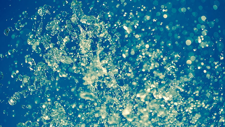 biru, air, gelembung air, gelembung cair, tetes, tetesan air, uh 5k, Wallpaper HD