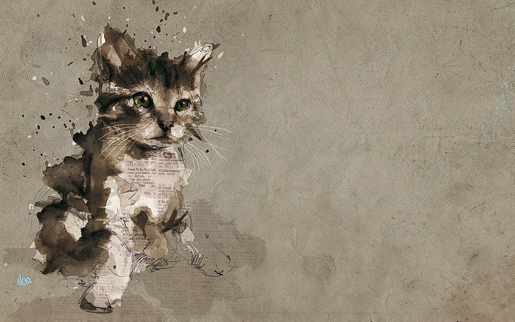 illustration de chat brun et blanc, animaux, animal de compagnie, chat, chatons, art numérique, peinture, texte, bébés animaux, papier, éclaboussures de peinture, Fond d'écran HD