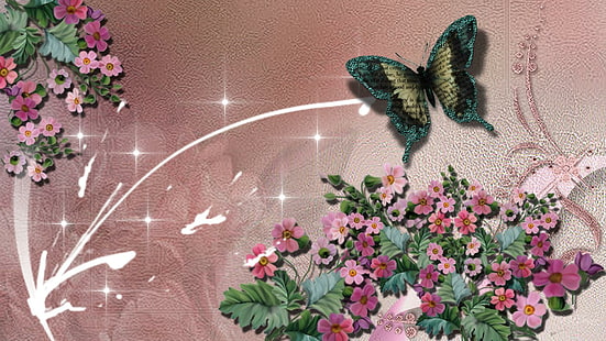 Fiori Astratti, astratti, malva, schizzi, farfalla, rosa, fiori, 3d e astratto, Sfondo HD HD wallpaper