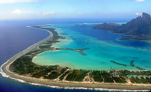 природа, пейзаж, въздушен изглед, остров, тропически, плаж, море, Бора Бора, Френска Полинезия, HD тапет HD wallpaper