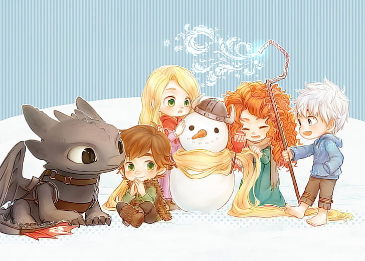 How To Train Your Dragon characters illustration, magic, snowman, cartoons, company, Rapunzel, disney, how to train your dragon, brave, brave heart, rise of the guardians, Jack frost, rise of the guardins, HD wallpaper
